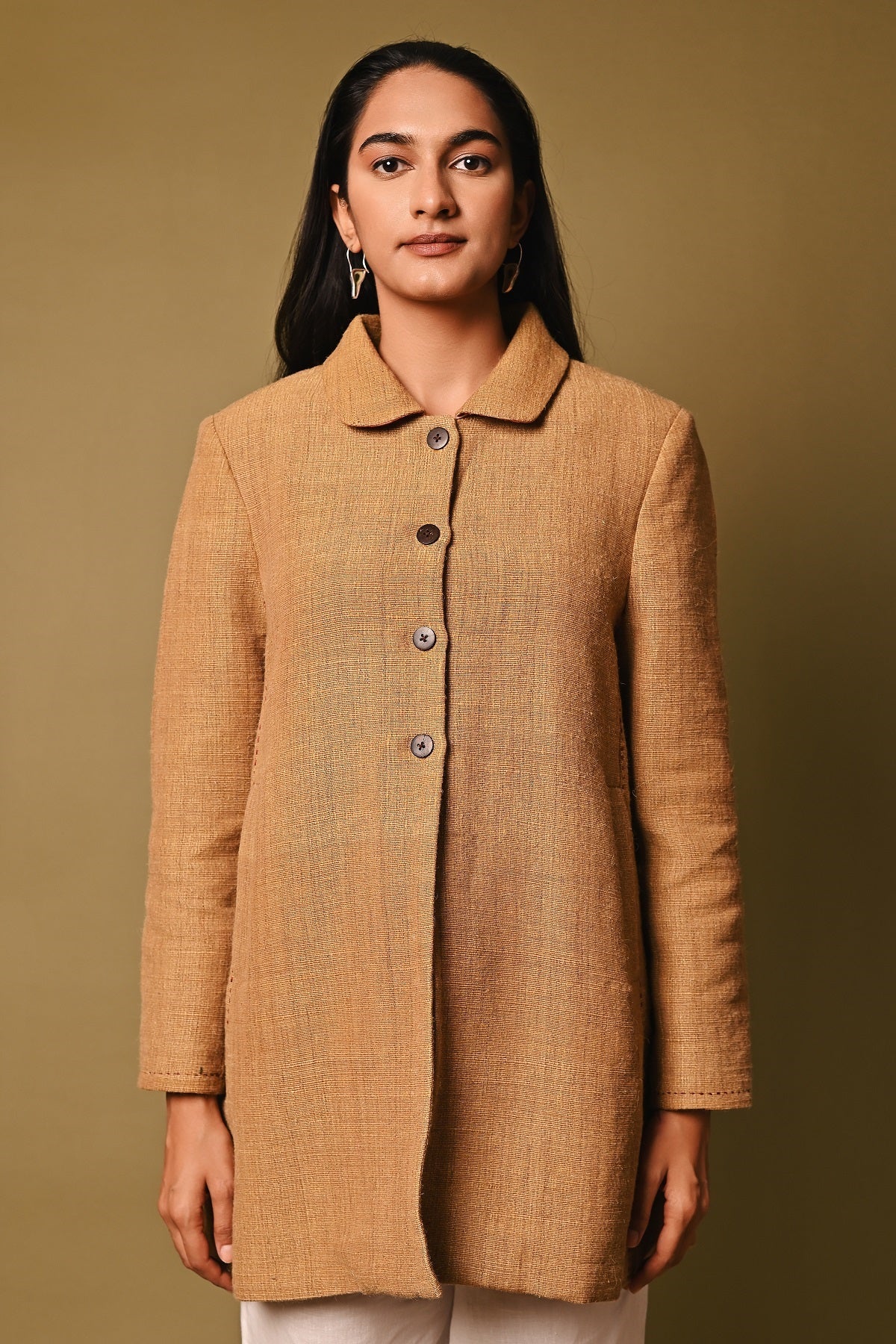 Dhaani Mustard Handwoven Long Woolen Jacket