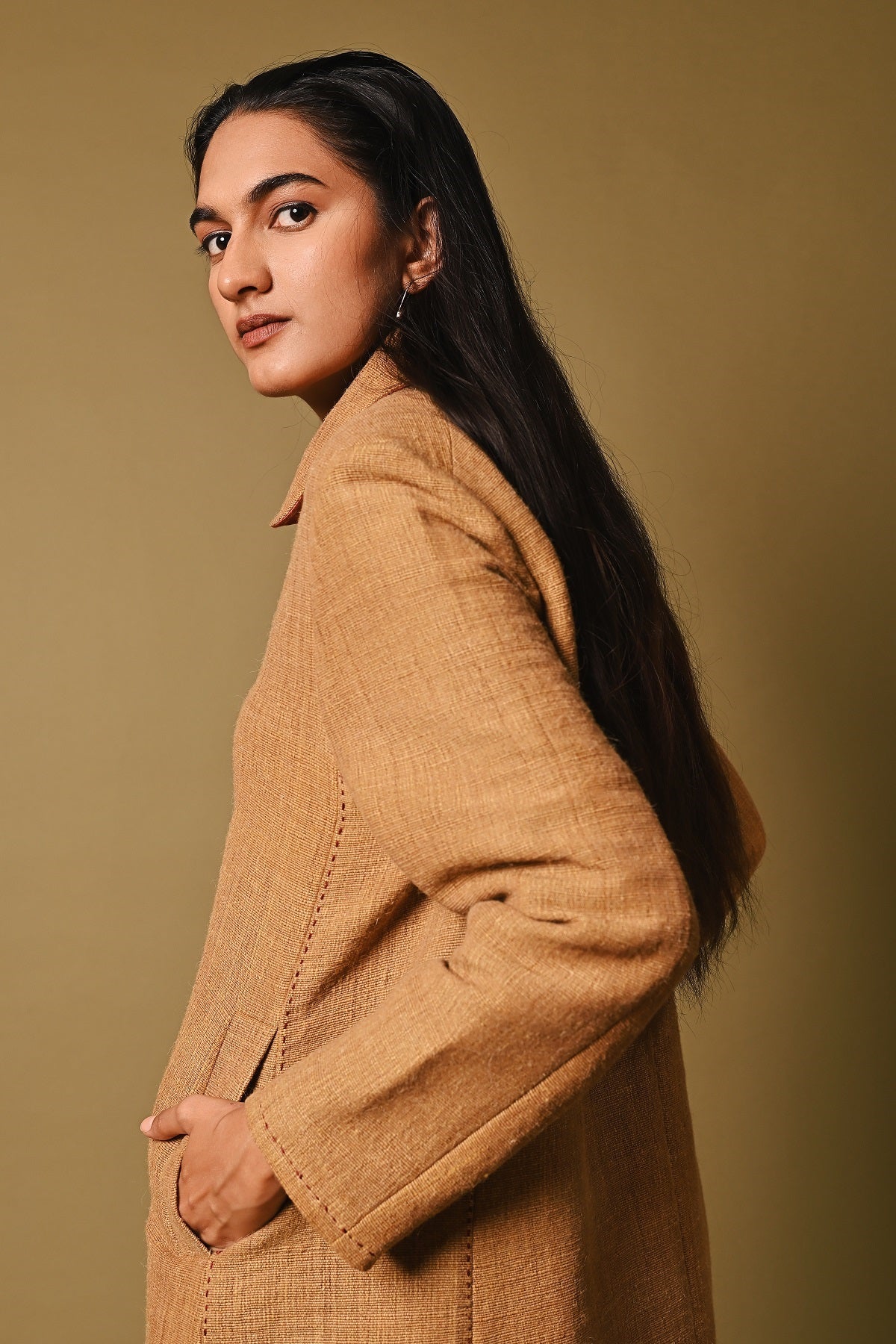 Dhaani Mustard Handwoven Long Woolen Jacket