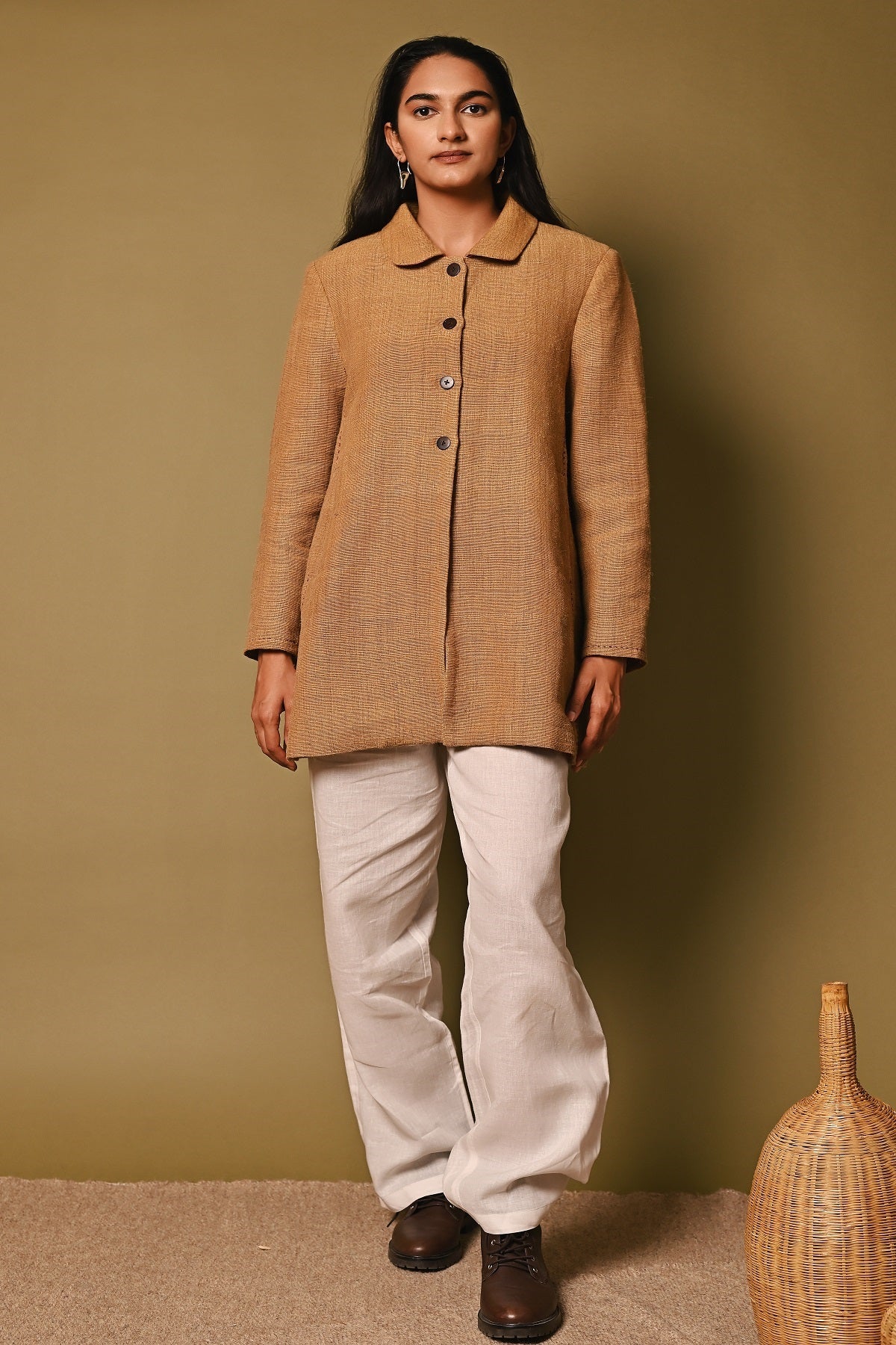 Dhaani Mustard Handwoven Long Woolen Jacket