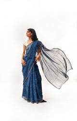 Fiza Indigo Hand-Embroidered Block-Printed Checks Saree