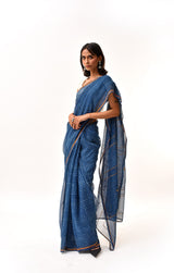 Fiza Indigo Hand-Embroidered Block-Printed Checks Saree