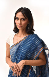 Fiza Indigo Hand-Embroidered Block-Printed Checks Saree