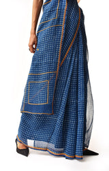 Fiza Indigo Hand-Embroidered Block-Printed Checks Saree