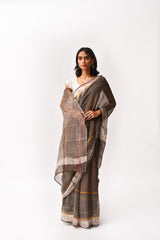 Fiza Brown Hand-Embroidered Block-Printed Stripe Saree