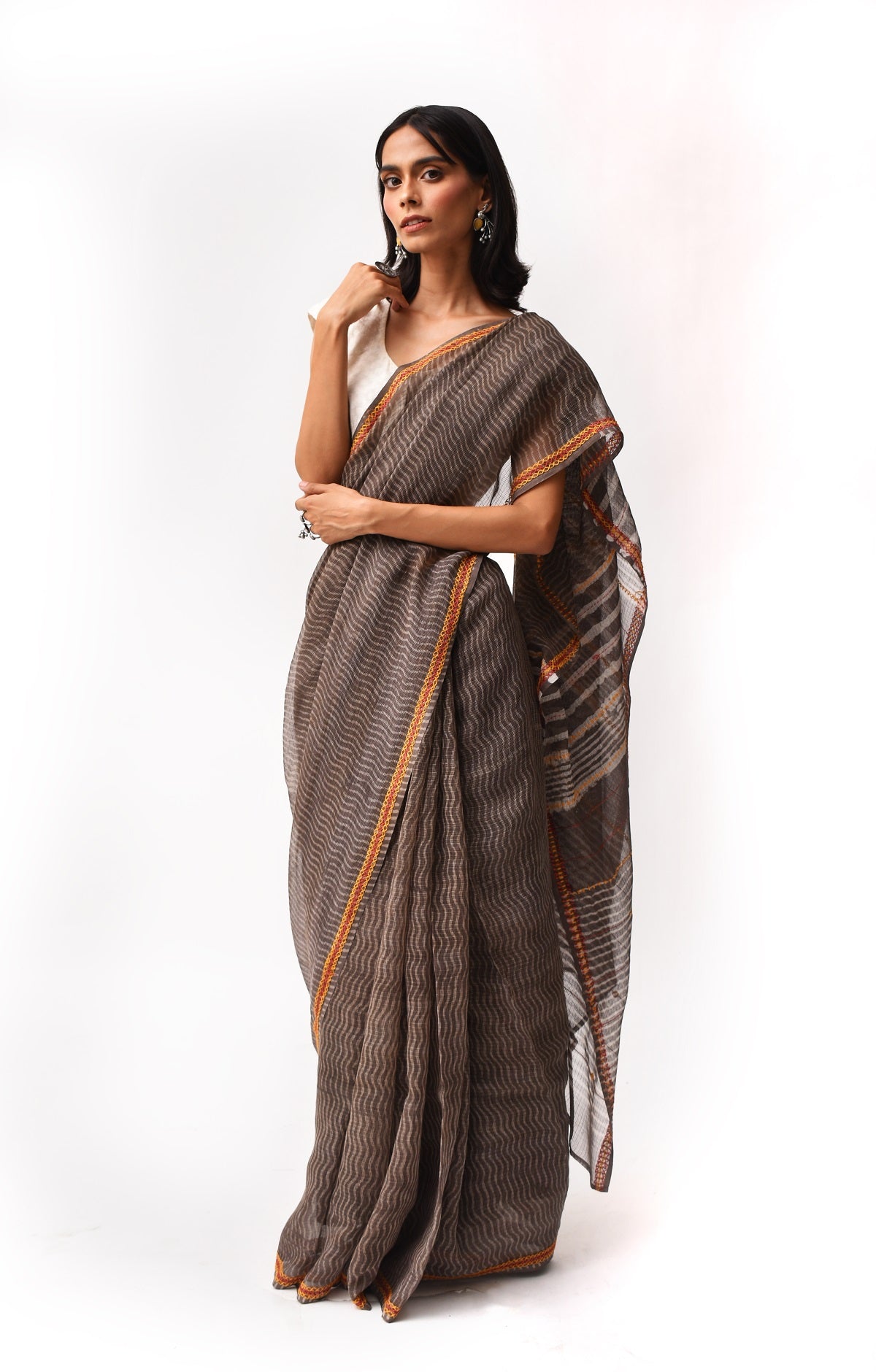 Fiza Brown Hand-Embroidered Block-Printed Wave Saree