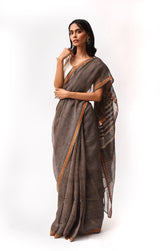 Fiza Brown Hand-Embroidered Block-Printed Wave Saree