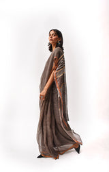 Fiza Brown Hand-Embroidered Block-Printed Wave Saree