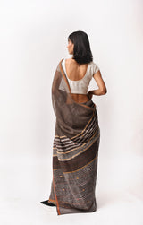 Fiza Brown Hand-Embroidered Block-Printed Wave Saree