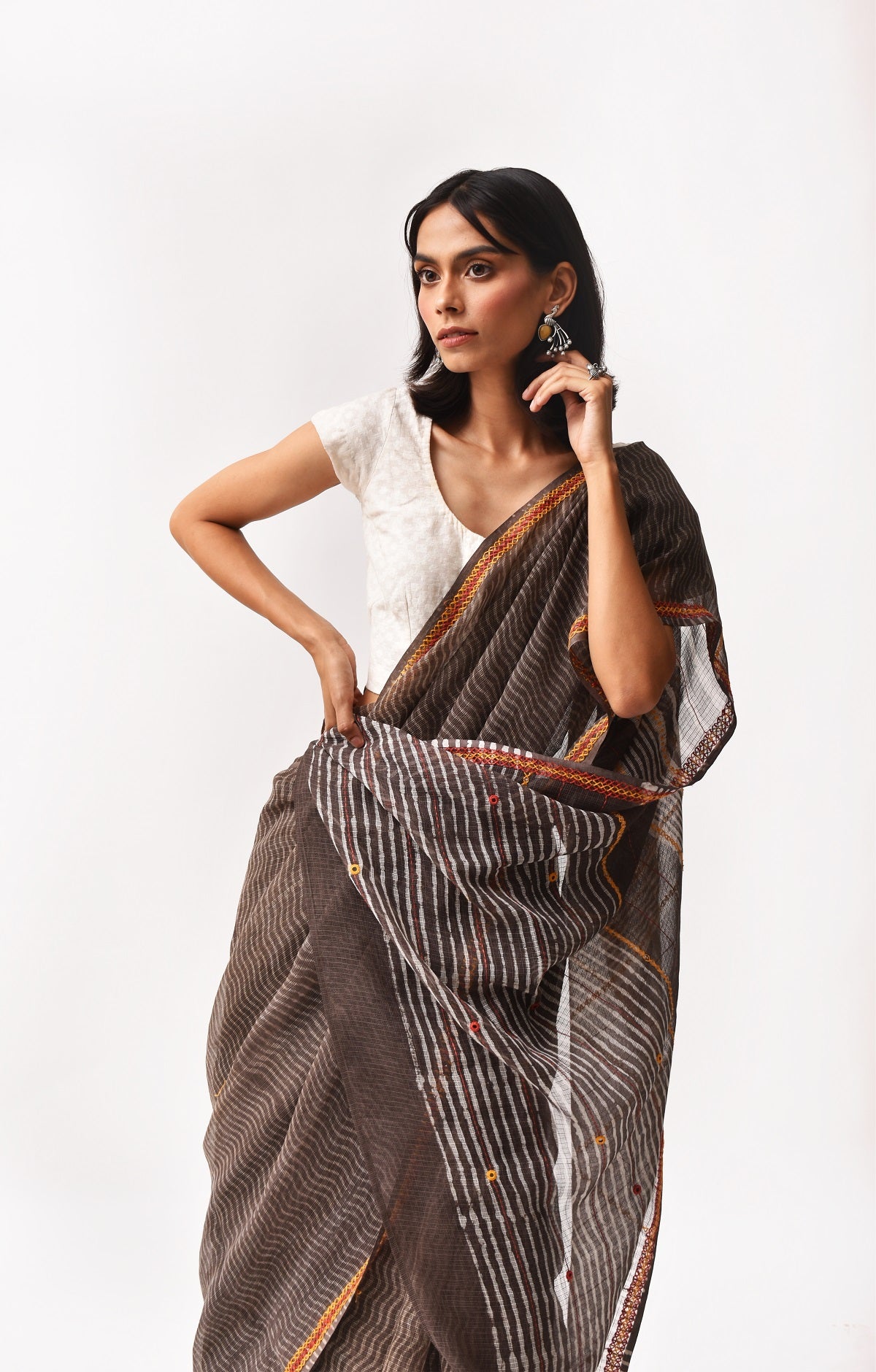 Fiza Brown Hand-Embroidered Block-Printed Wave Saree