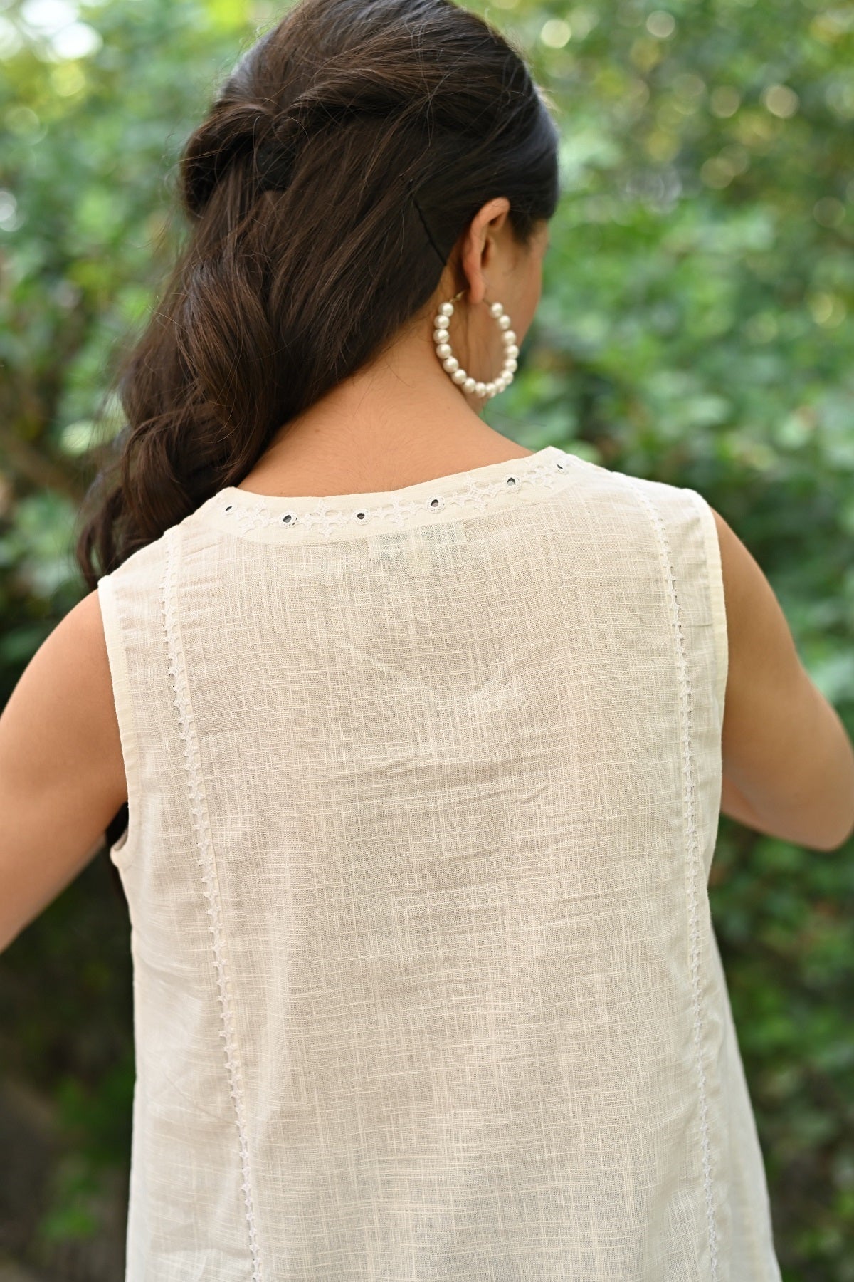 Jasmine Sindhi Hand Embroidered Cotton White Sleeveless Top