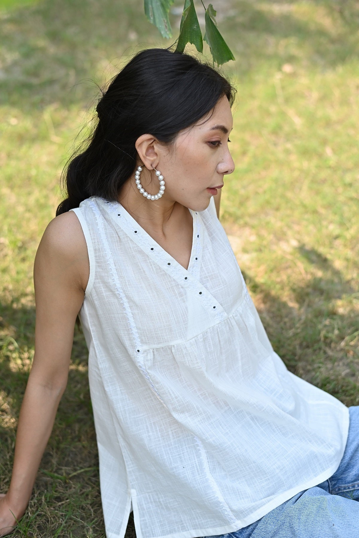 Jasmine Sindhi Hand Embroidered Cotton White Sleeveless Top