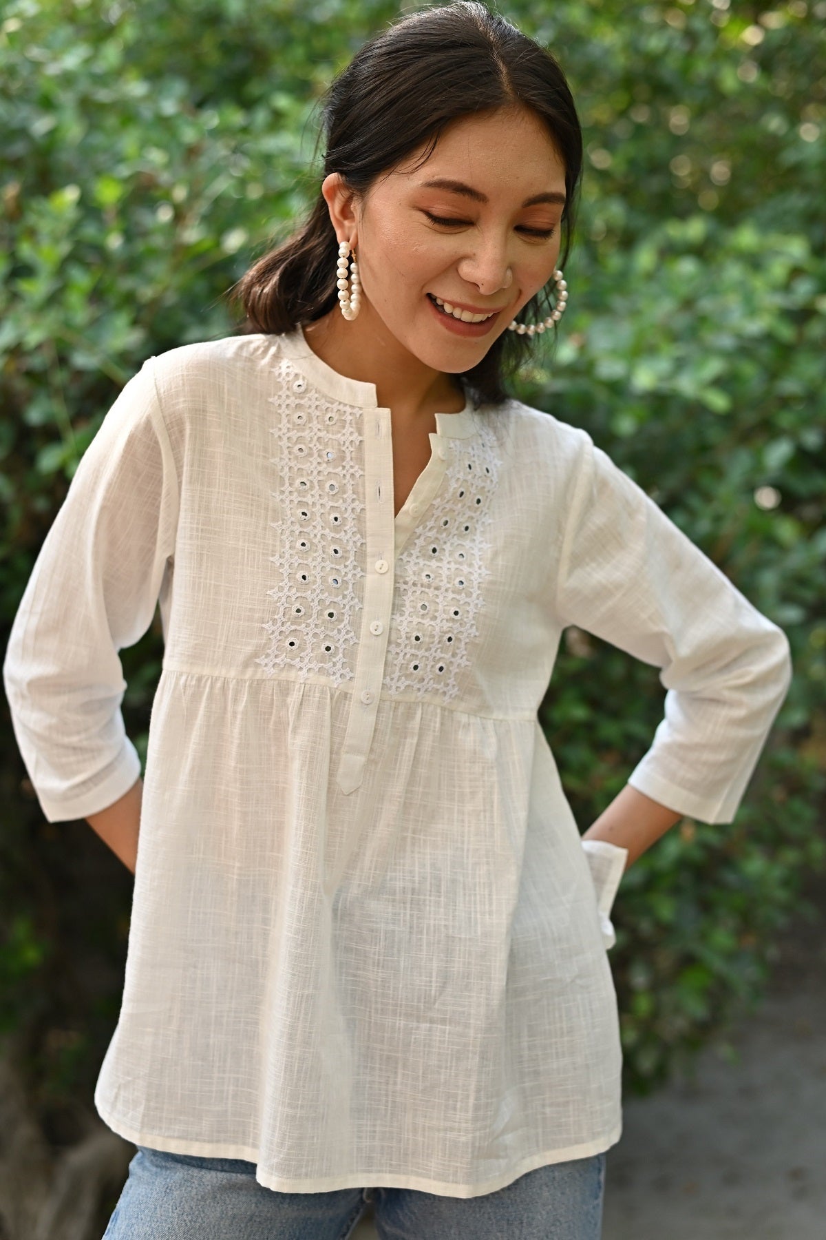 Jasmine Sindhi Hand Embroidered Front Open Cotton Top