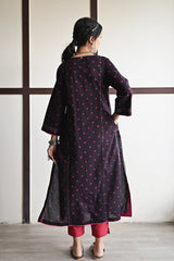 Kaanch Round Neck Bandhej And Embroidered Black Kurta