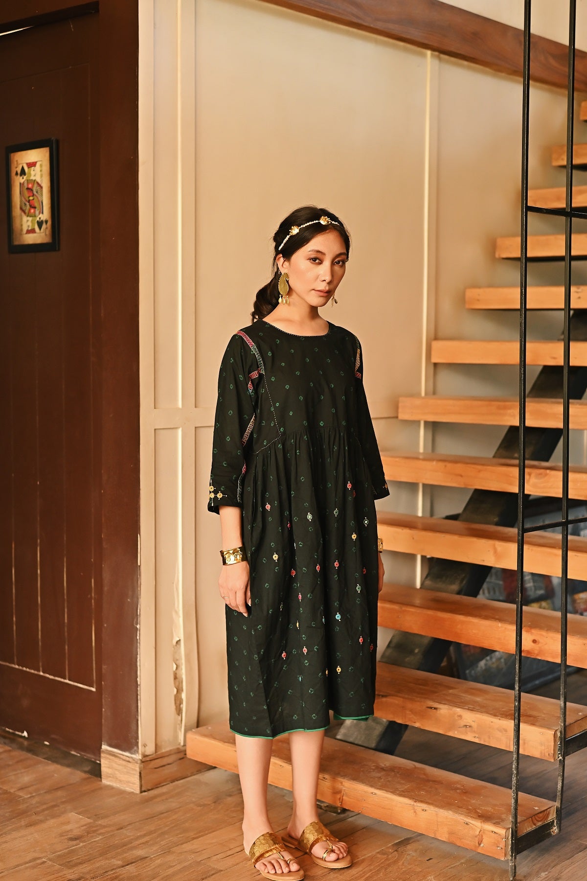 Kaanch Round Neck Bandhej And Embroidered Black Dress