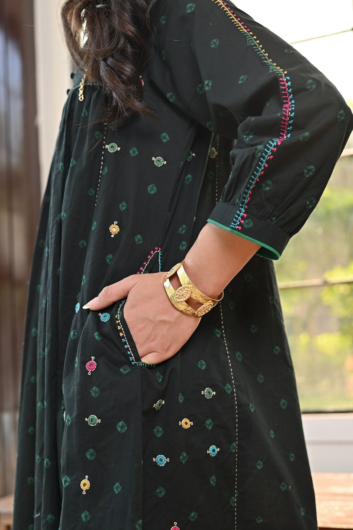 Kaanch Cuff Sleeve Bandhej And Embroidered Black Dress