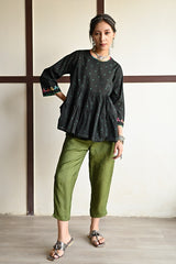 Kaanch Three-Quarter Sleeve Bandhej And Embroidered Black Top