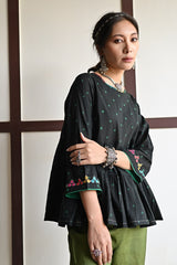 Kaanch Three-Quarter Sleeve Bandhej And Embroidered Black Top