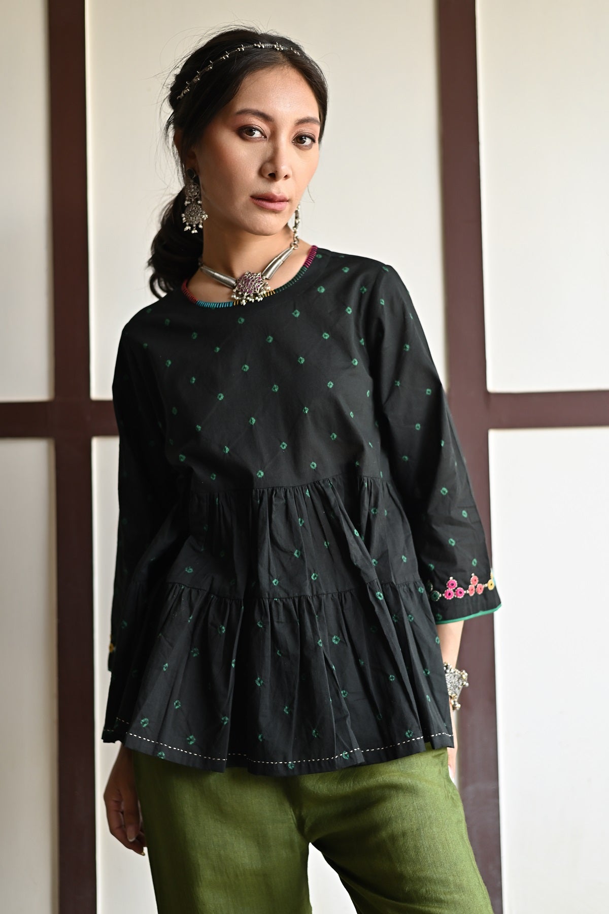Kaanch Three-Quarter Sleeve Bandhej And Embroidered Black Top