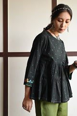 Kaanch Three-Quarter Sleeve Bandhej And Embroidered Black Top