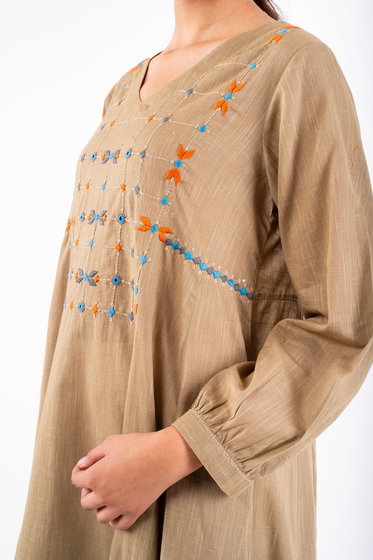 Naman Beige Soof Hand Embroidered Flared Kurta