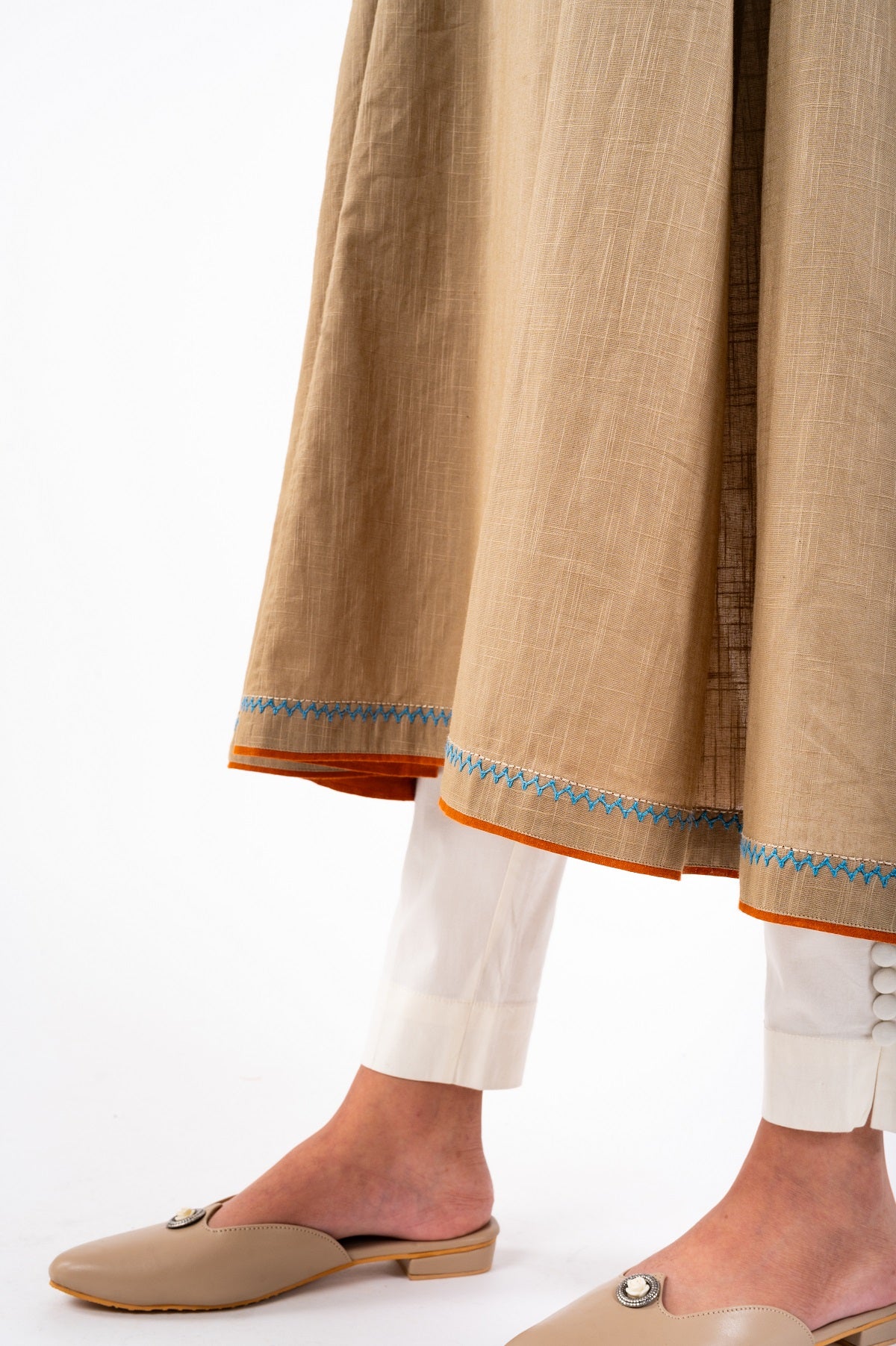 Naman Beige Soof Hand Embroidered Flared Kurta