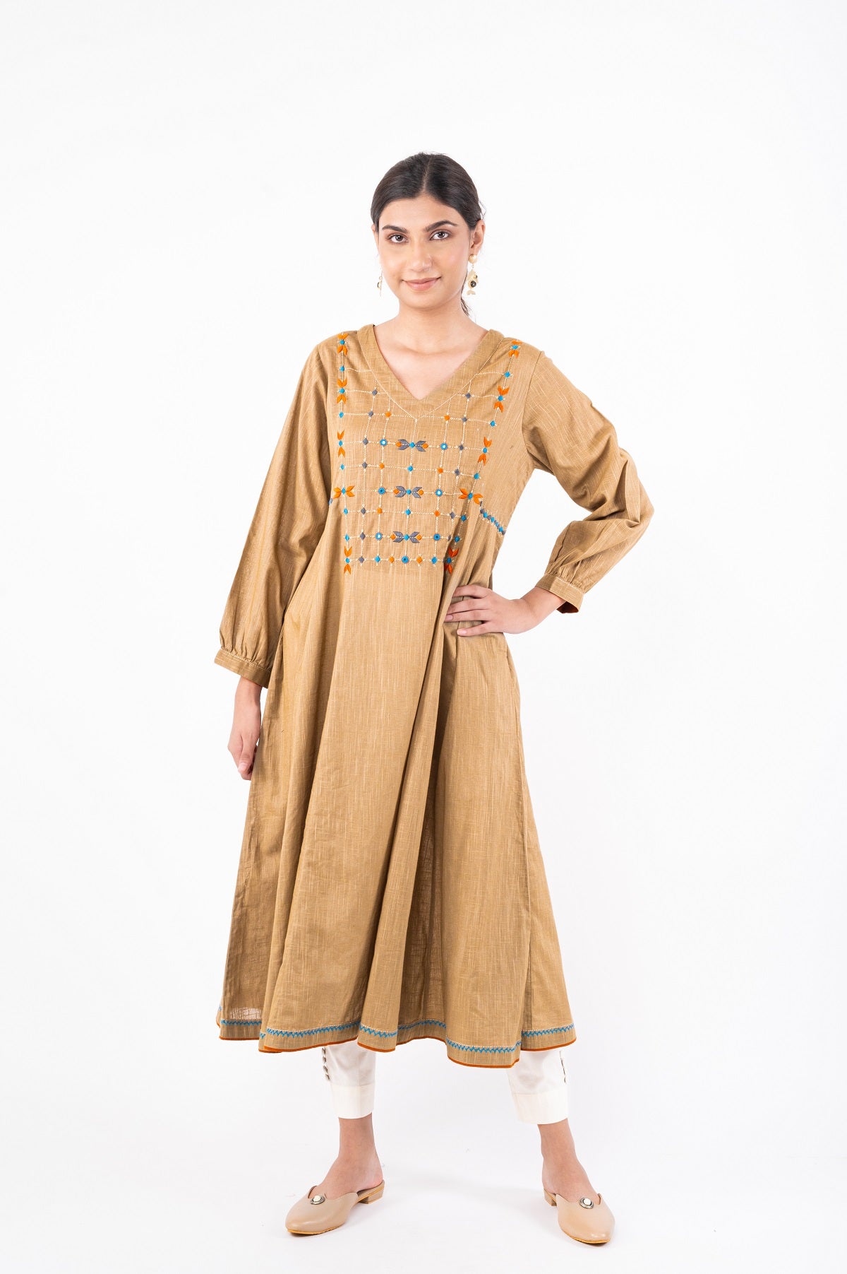 Naman Beige Soof Hand Embroidered Flared Kurta