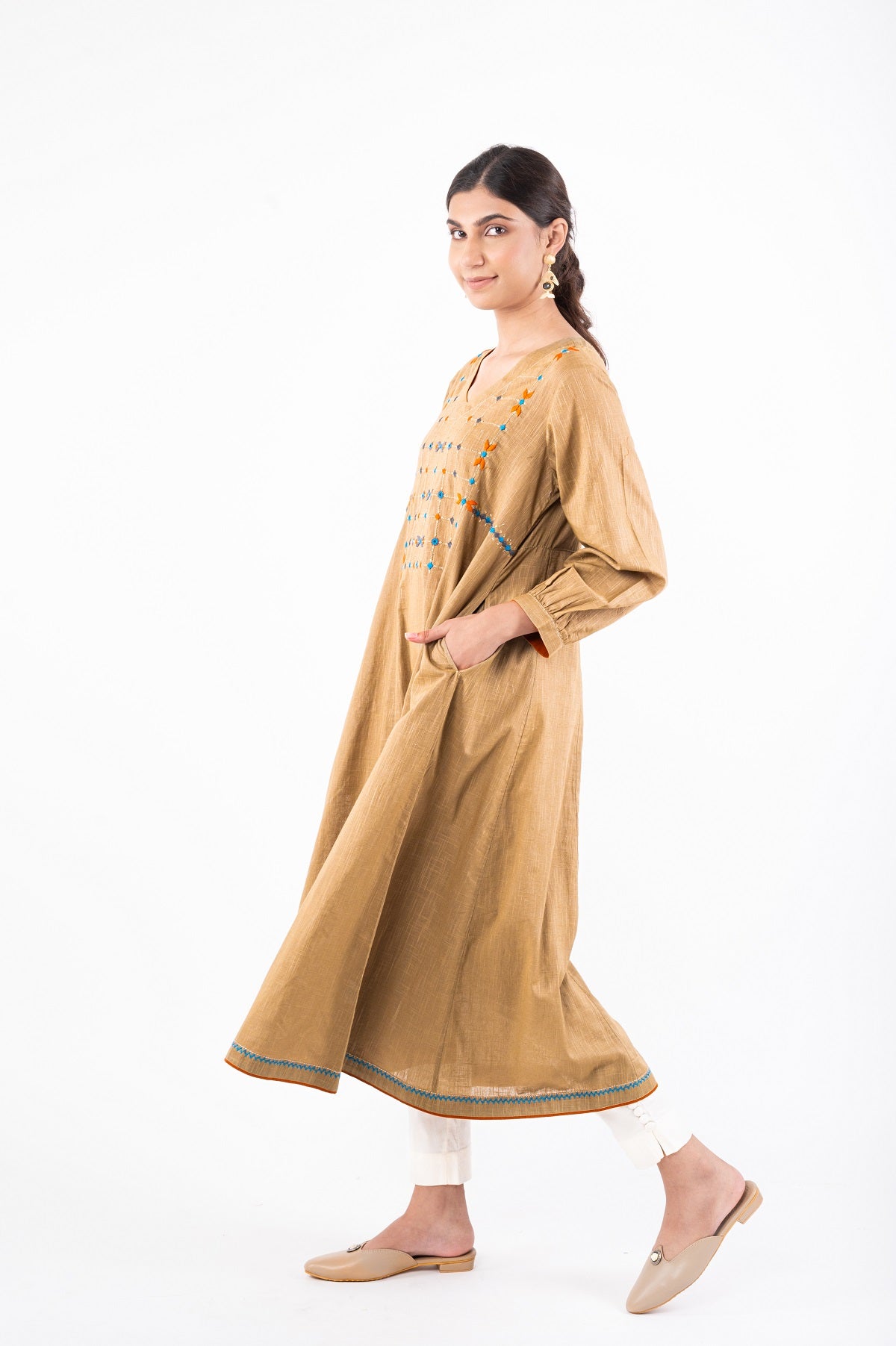 Naman Beige Soof Hand Embroidered Flared Kurta