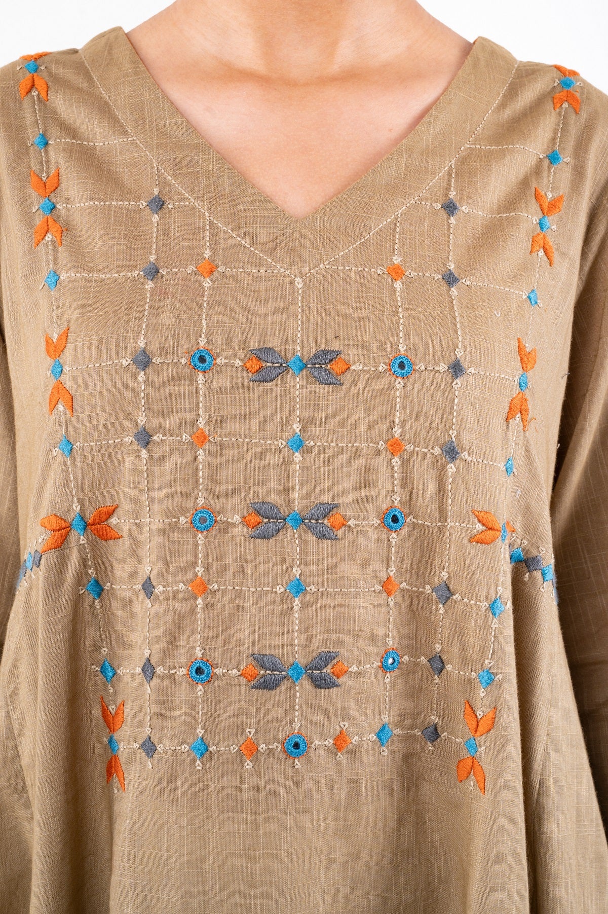 Naman Beige Soof Hand Embroidered Flared Kurta