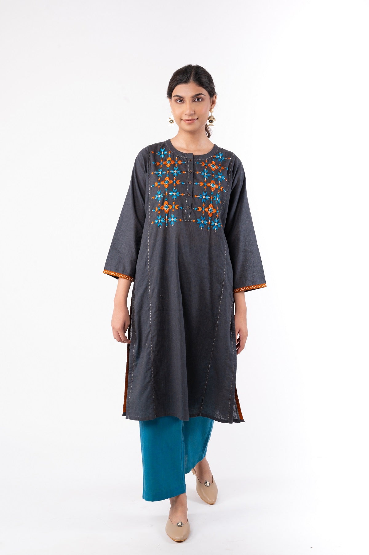 Naman Charcoal Soof Hand Embroidered Straight Kurta