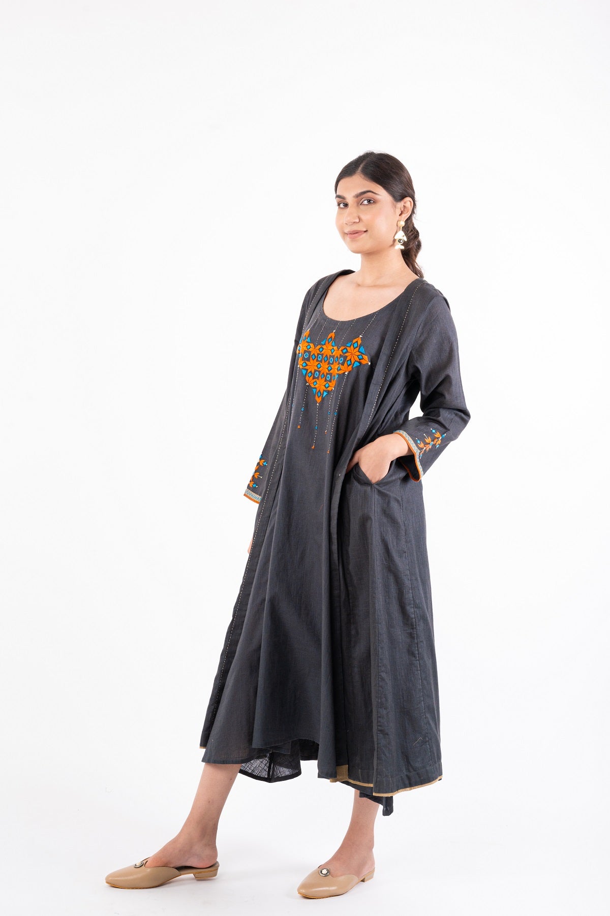 Naman Charcoal Soof Hand Embroidered Midi Dress