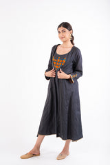 Naman Charcoal Soof Hand Embroidered Midi Dress