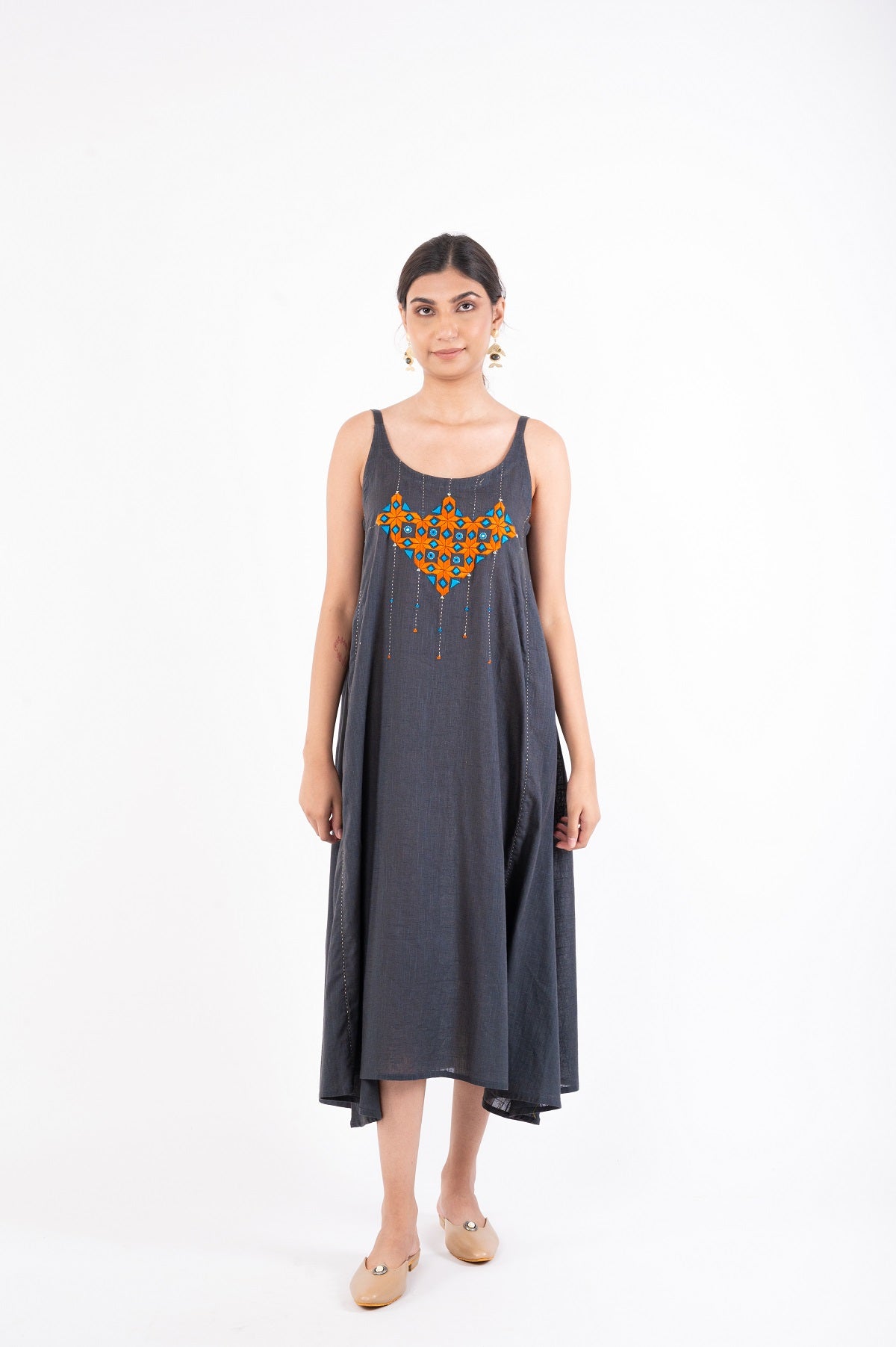 Naman Charcoal Soof Hand Embroidered Midi Dress