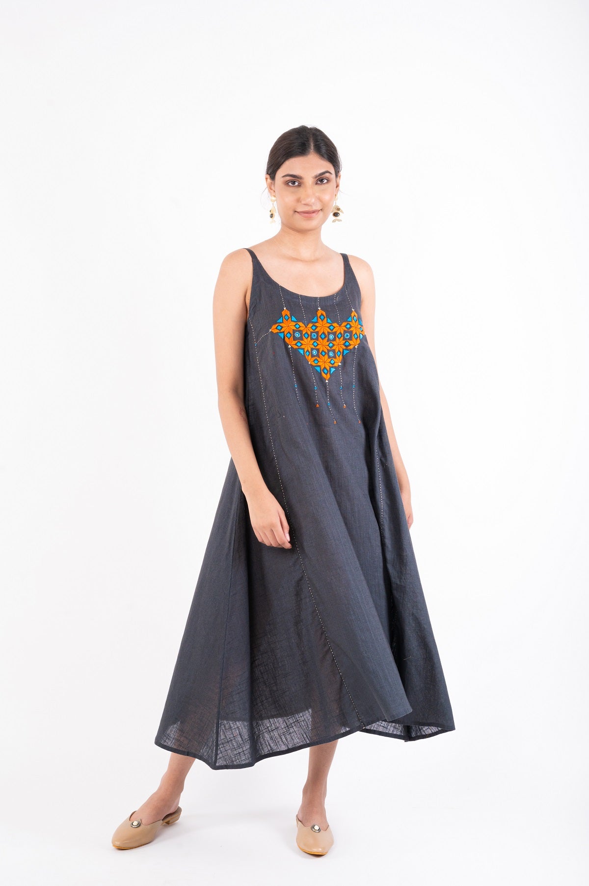 Naman Charcoal Soof Hand Embroidered Midi Dress