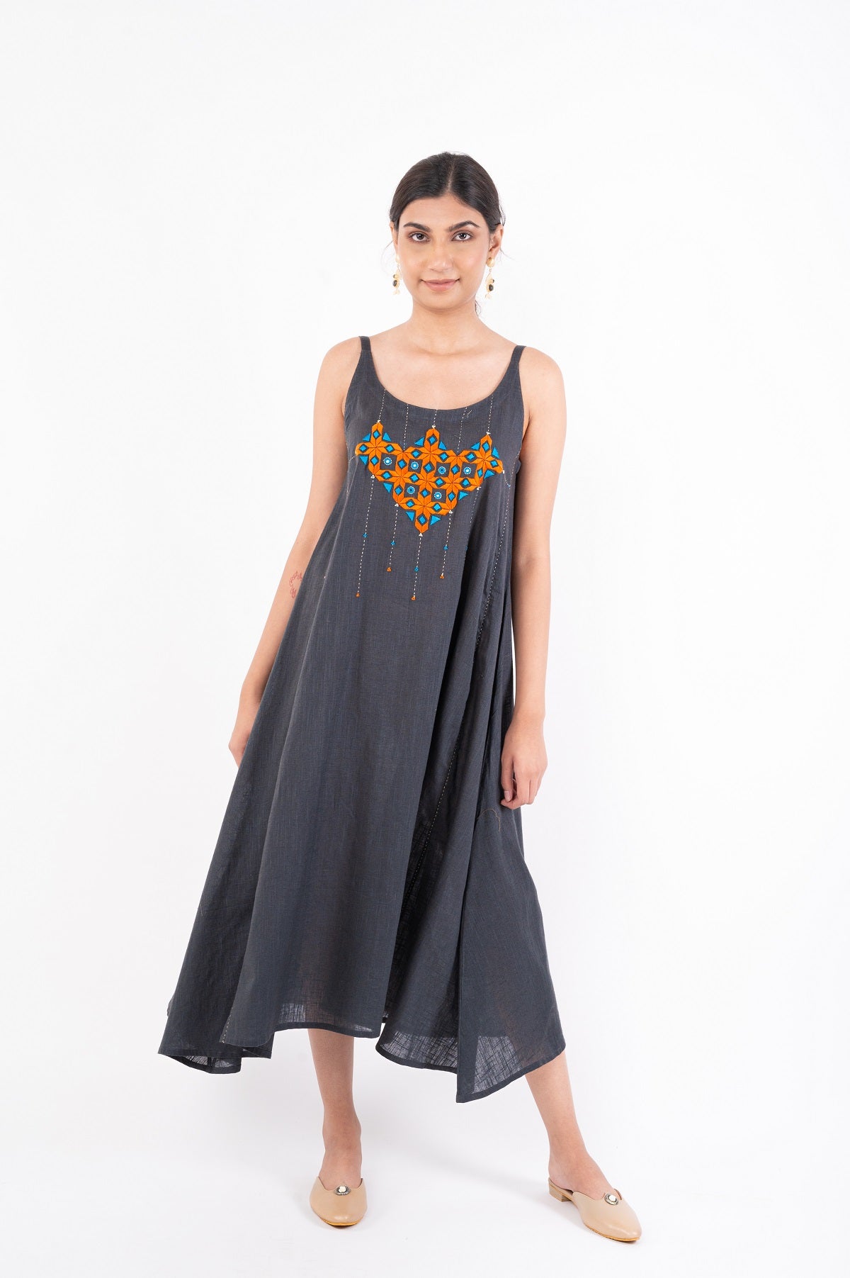 Naman Charcoal Soof Hand Embroidered Midi Dress