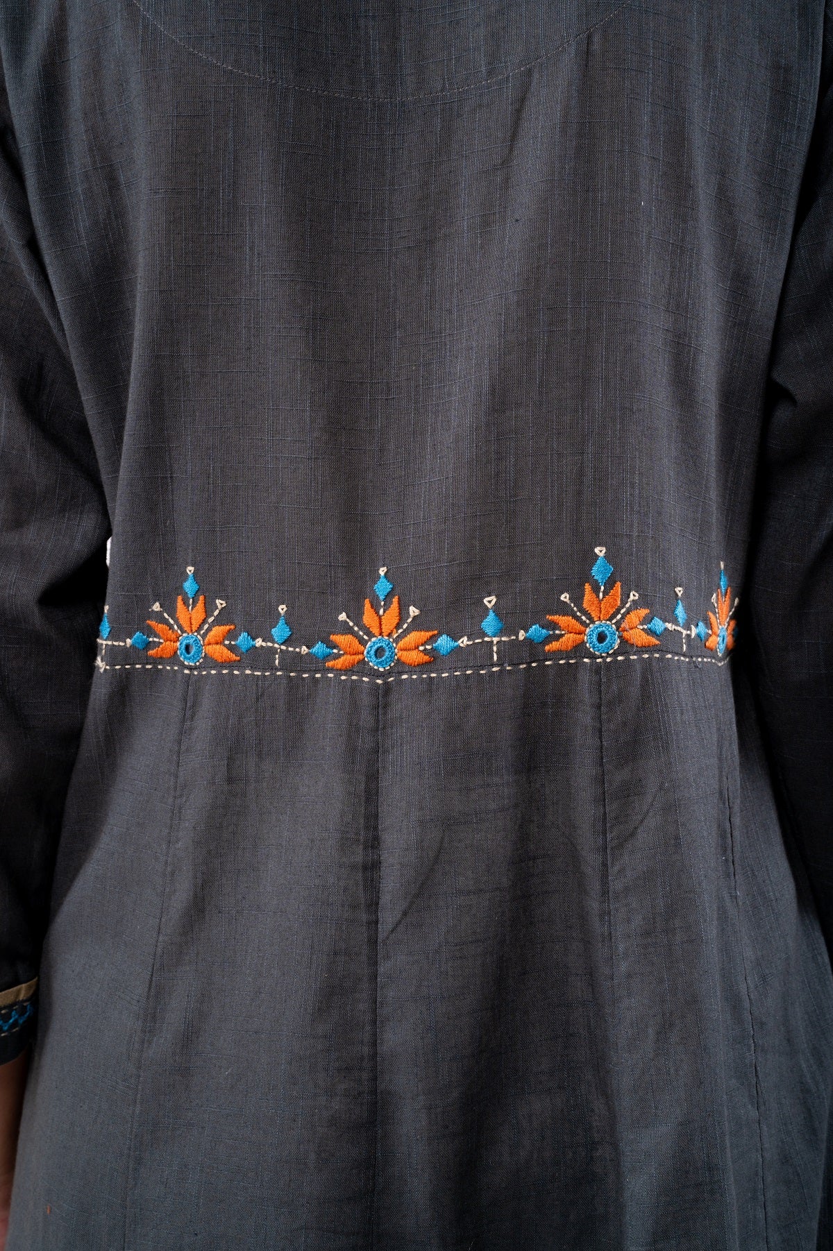 Naman Charcoal V-neck Soof Hand Embroidered Kurta
