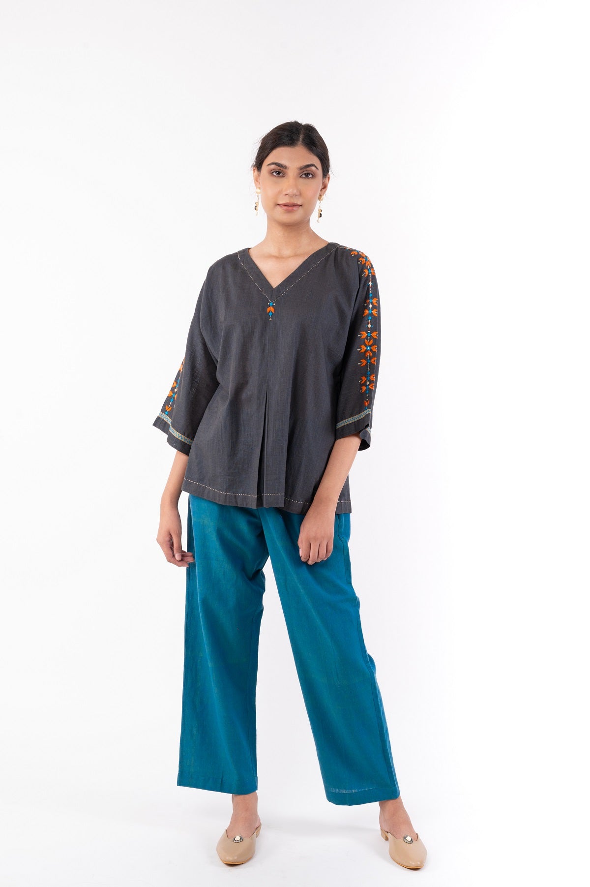Naman Charcoal Soof Hand Embroidered Top