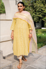 Suhani Yellow A-Line Cotton Kurta With Bandhej Hand Embroidery