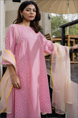 Suhani Pink Kimono-Sleeve Cotton Dress With Bandhej Hand Embroidery