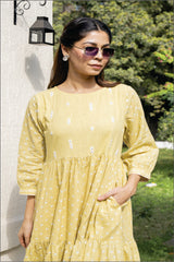 Suhani Yellow Tiered Cotton Dress With Bandhej Hand Embroidery