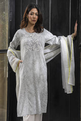 Suhani Grey A-Line Cotton Kurta With Chikankari Hand Embroidery