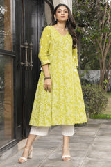 Suhani Lime Kalidar Cotton Kurta With Chikankari Hand Embroidery