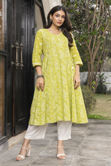 Suhani Lime Kalidar Cotton Kurta With Chikankari Hand Embroidery