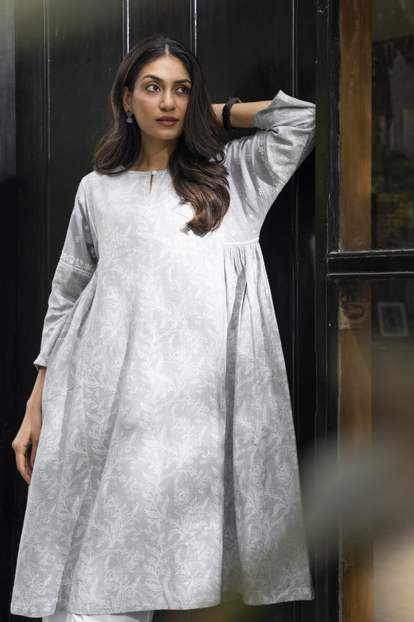 Suhani Grey Flared Cotton Dress With Chikankari Hand Embroidery