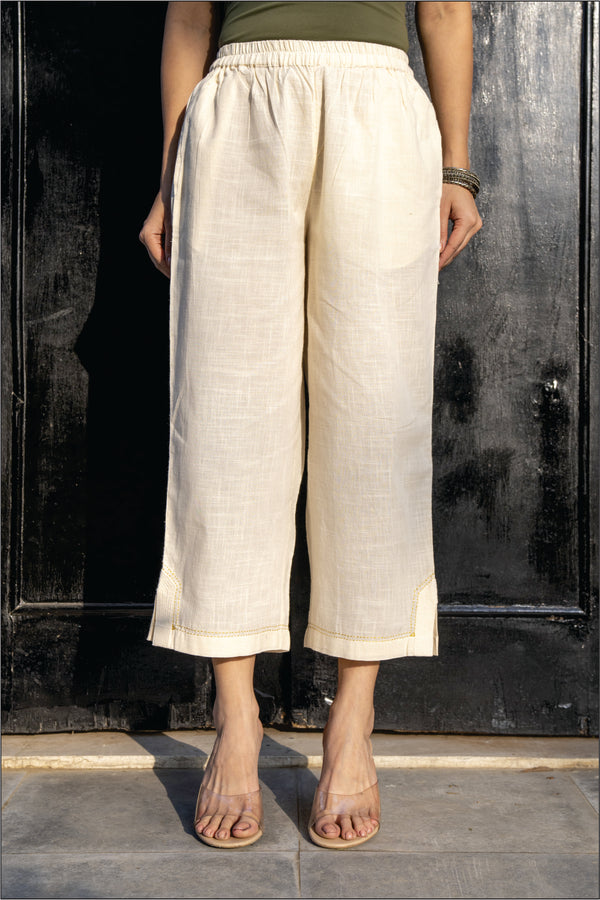 Paheli Off-White Straight-Fit Cotton Pants With Kantha Hand Embroidery
