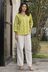 Suhani Lime Straight-Fit Cotton Top With Chikankari Hand Embroidery