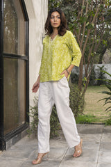 Suhani Lime Straight-Fit Cotton Top With Chikankari Hand Embroidery