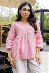 Suhani Pink Flared Cotton Top With Bandhej Hand Embroidery