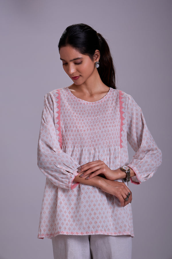 Suhani White Pintuck Cotton Top With Applique