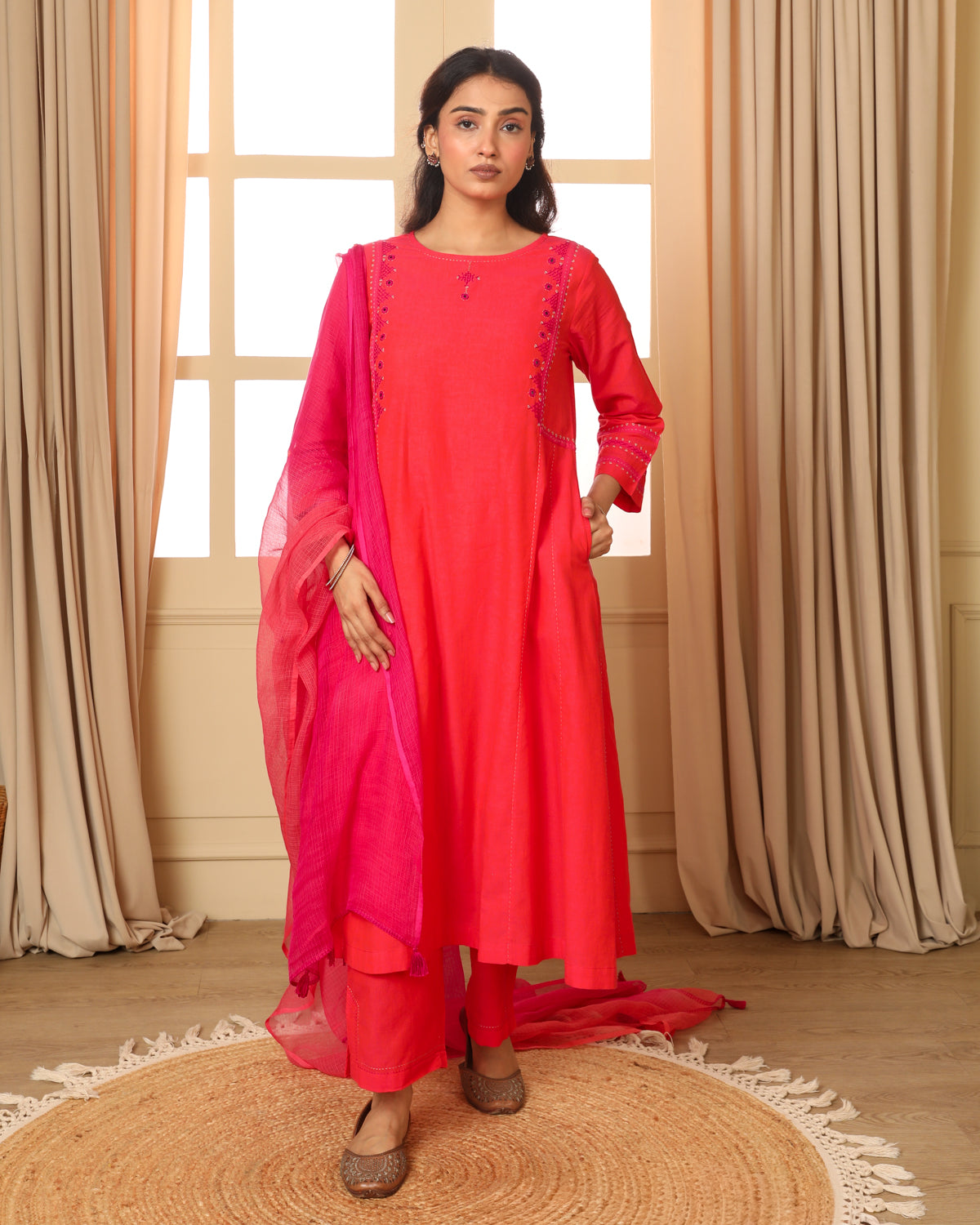 Aashvi Coral Kalidar Mangalgiri Cotton Kurta With Desert Hand Embroidery