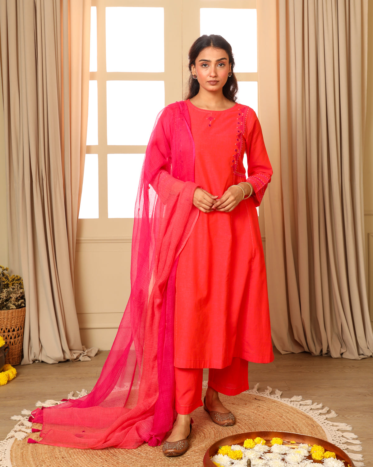 Aashvi Coral Kalidar Mangalgiri Cotton Kurta With Desert Hand Embroidery